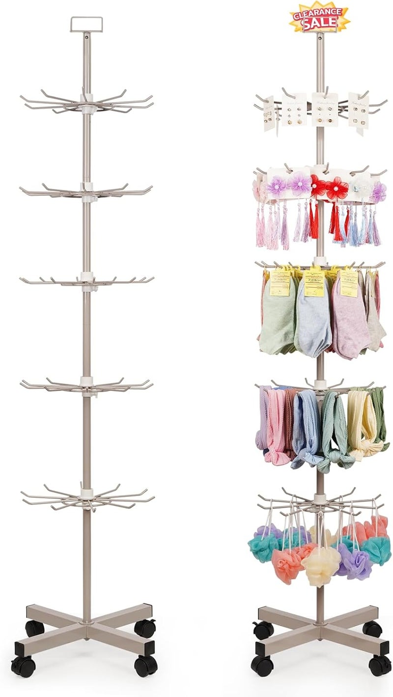 Exttlliy Retail Display Stand Store Display Rack 5 Tier Metal Spinning Display Stand Rack with Wheels Keychain Jewelry Stocking Hat Display Stand with Hooks for Malls, Showroom, Retail Store (Grey) - Image 1